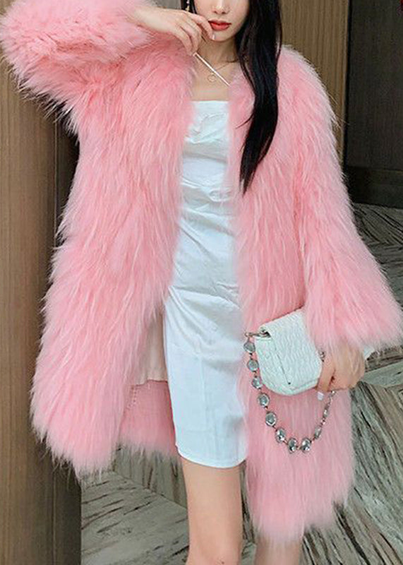 Style Pink V Neck Mink Hair Leather and Fur Long Coats Spring