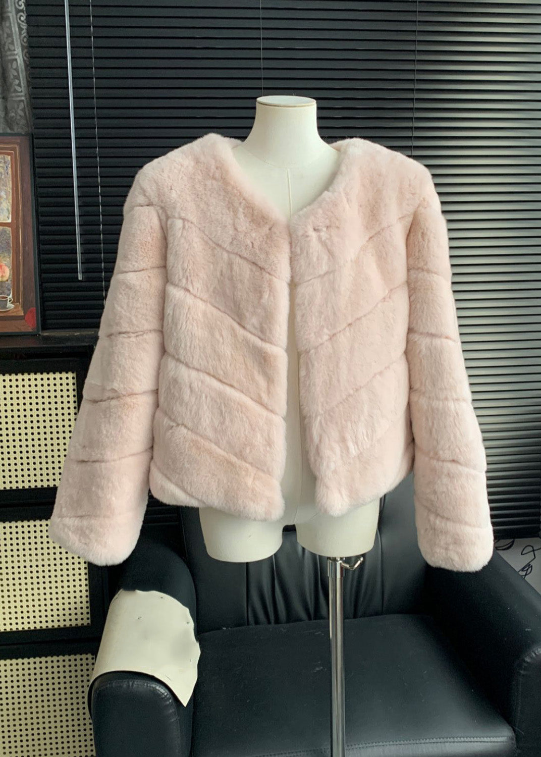 Style Pink V Neck Striped Leather and Fur Coats Winter