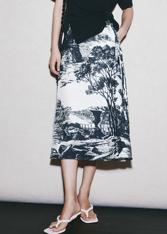 Style Print High Waist Silk a Line Skirts Summer