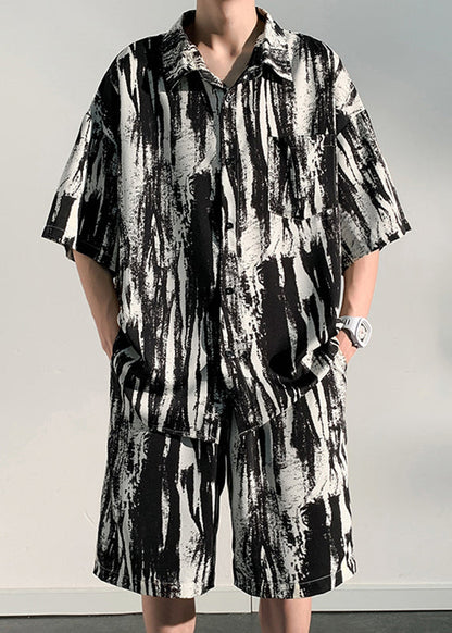 Style Print Peter Pan Collar Two Pieces Set Ice Silk Shirts and Shorts Summer