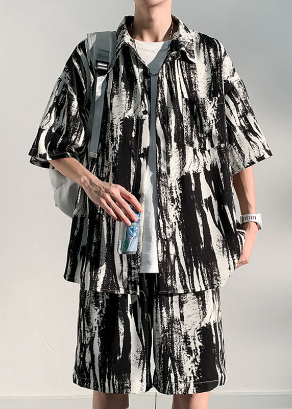 Style Print Peter Pan Collar Two Pieces Set Ice Silk Shirts and Shorts Summer