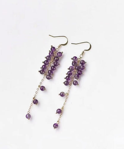 Style Purple Crystal Tassel 14k Gold Drop Earrings