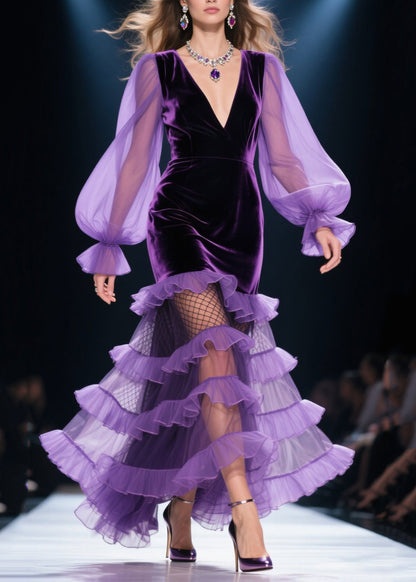 Style Purple Layered Ruffled Patchwork Silk Velvet Party Dresses Spring