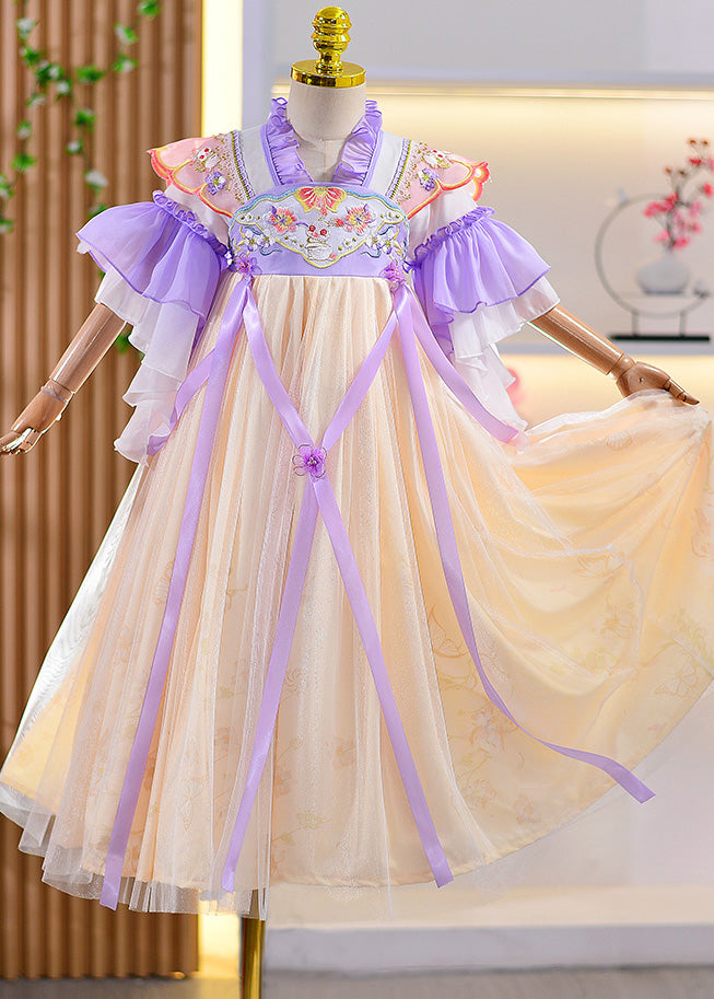 Style Purple Ruffled Embroideried Patchwork Kids Long Dresses Summer