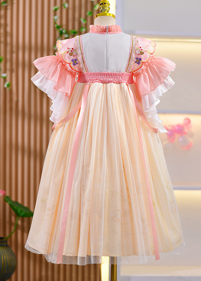 Style Purple Ruffled Embroideried Patchwork Kids Long Dresses Summer