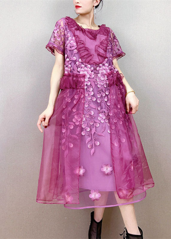 Style Purple Ruffled Decorated Patchwork Tulle Dress Summer