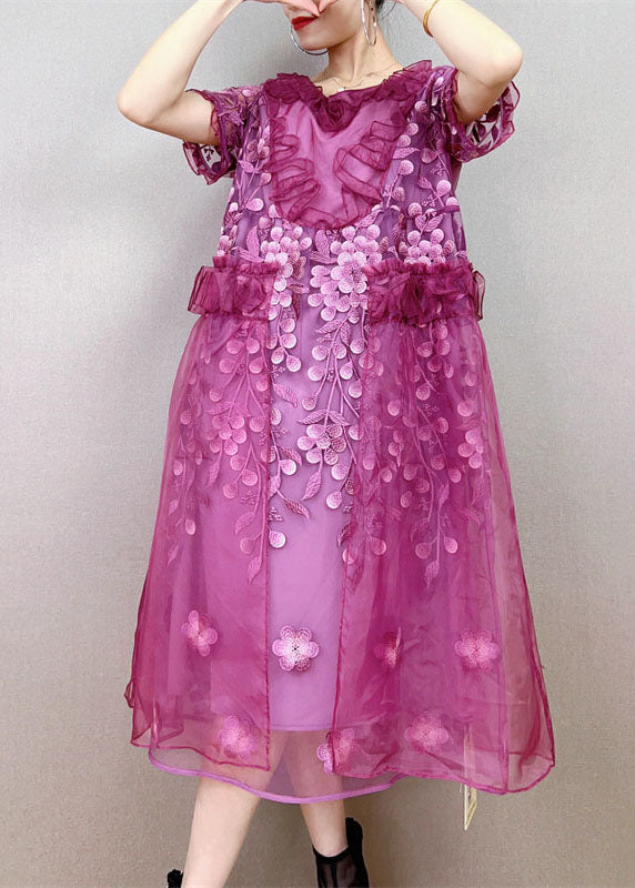 Style Purple Ruffled Decorated Patchwork Tulle Dress Summer