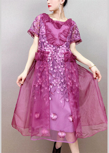 Style Purple Ruffled Decorated Patchwork Tulle Dress Summer