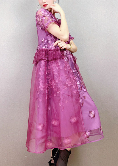 Style Purple Ruffled Decorated Patchwork Tulle Dress Summer