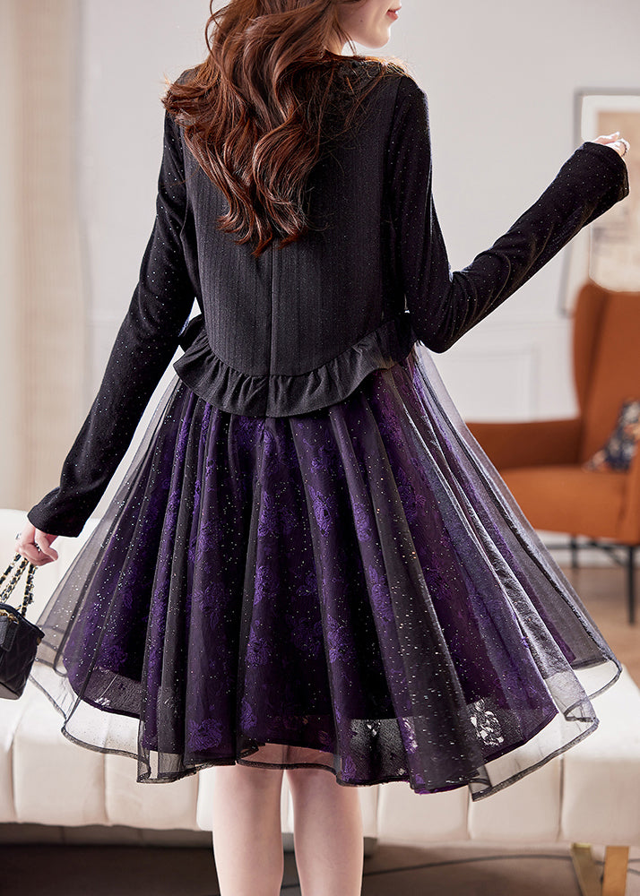 Style Purple Ruffled Jacquard Patchwork Tulle Vest Dresses Spring