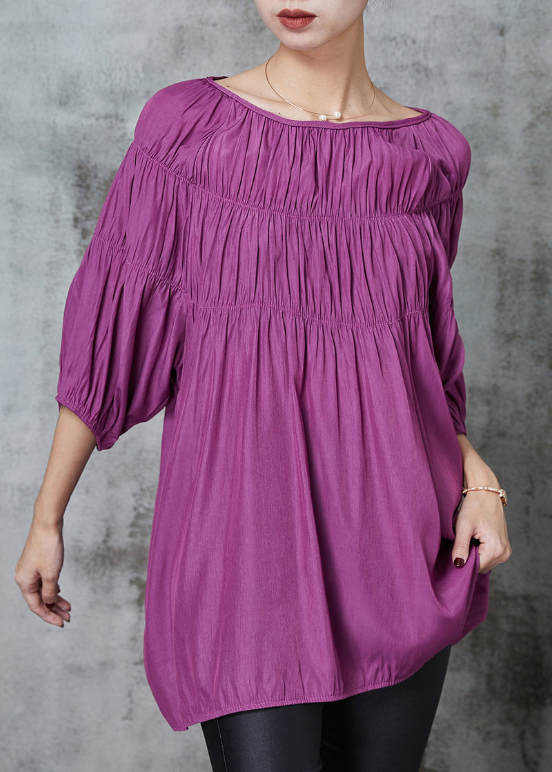 Style Purple Slash Neck Wrinkled Cotton Shirt Bracelet Sleeve