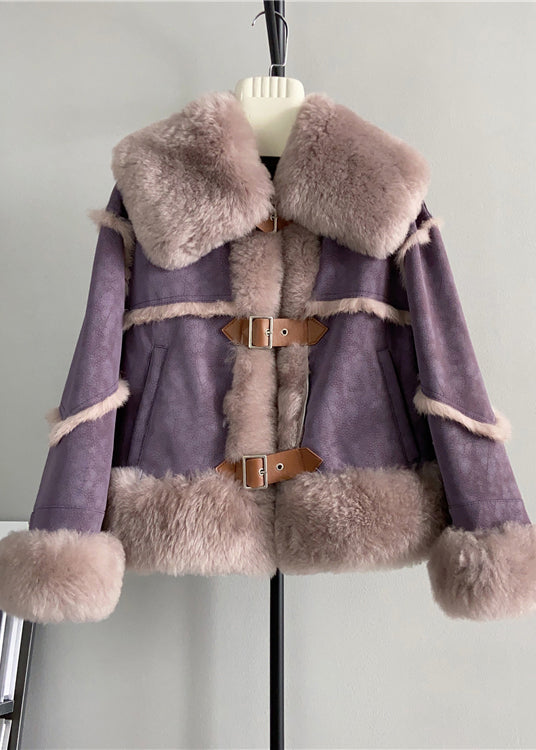 Style Purple Square Collar Pockets Patchwork Leather and Fur Coat Winter