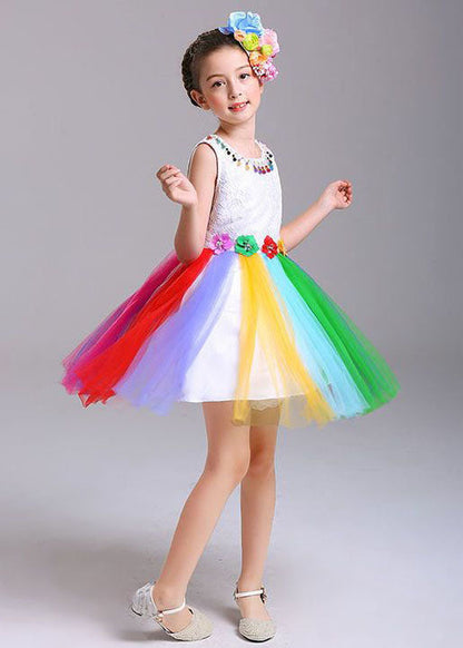Style Rainbow O Neck Patchwork Tulle Kids Dresses Sleeveless