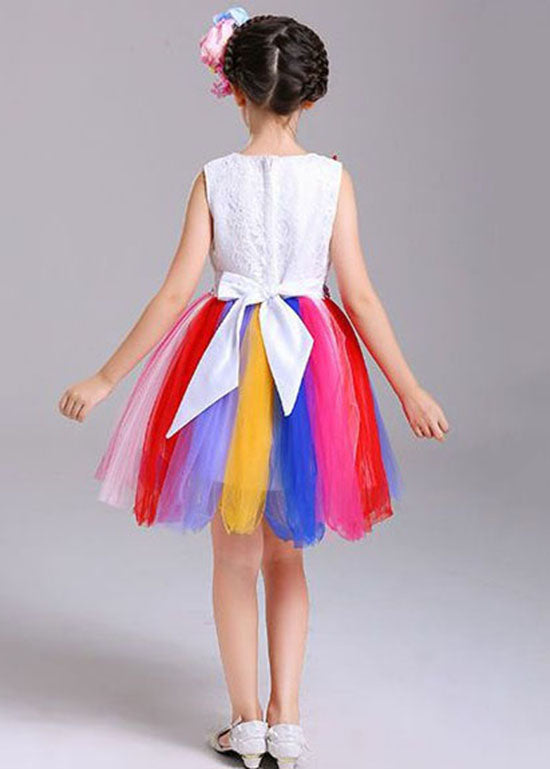 Style Rainbow O Neck Patchwork Tulle Kids Dresses Sleeveless