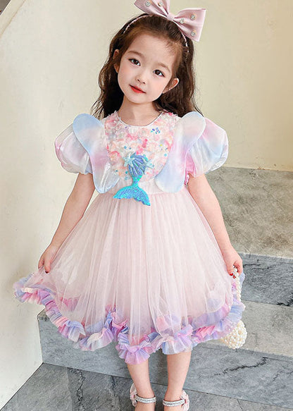 Style Rainbow Ruffled Patchwork Tulle Kids Dress Summer