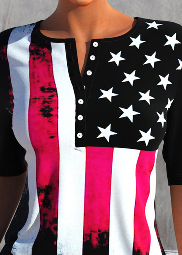 Style Red Blue O-neck Independence Day Print Button Cotton Tank Tops Short Sleeve