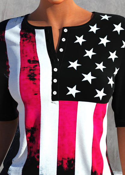 Style Red Blue O-neck Independence Day Print Button Cotton Tank Tops Short Sleeve