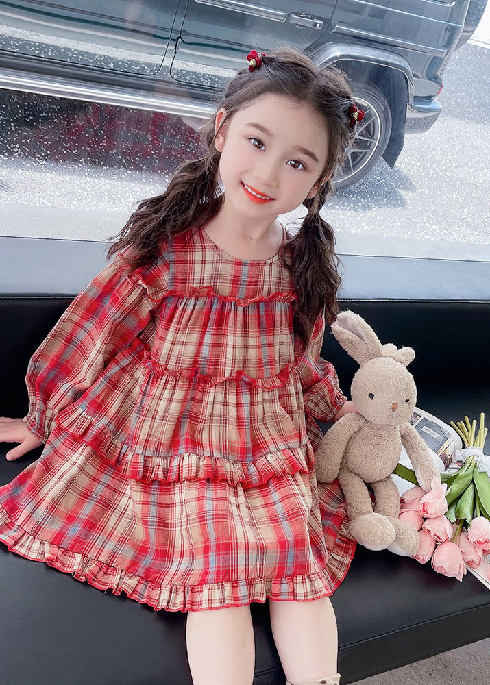 Style Red O-neck Plaid Patchwork Maxi Dress Long Sleeve