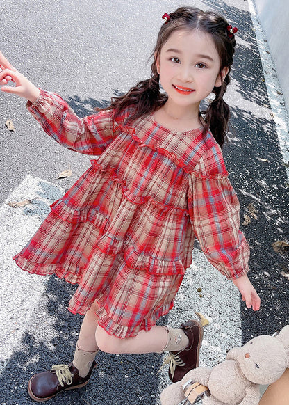 Style Red O-neck Plaid Patchwork Maxi Dress Long Sleeve