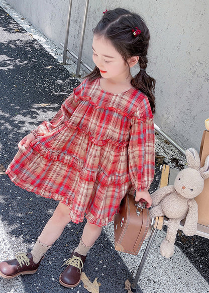 Style Red O-neck Plaid Patchwork Maxi Dress Long Sleeve