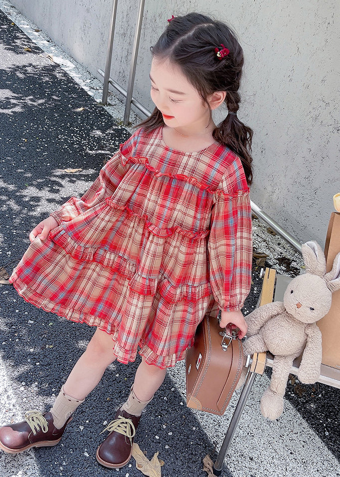 Style Red O-neck Plaid Patchwork Maxi Dress Long Sleeve