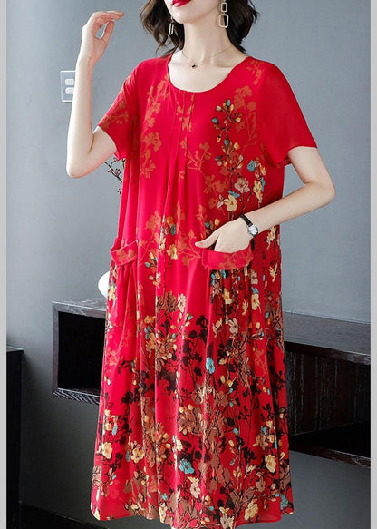 Style Red O-neck Print Chiffon Maxi Dresses Summer