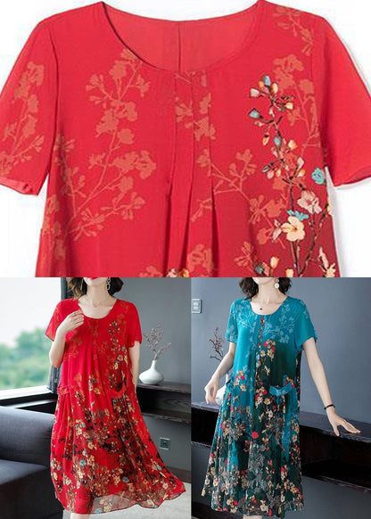 Style Red O-neck Print Chiffon Maxi Dresses Summer