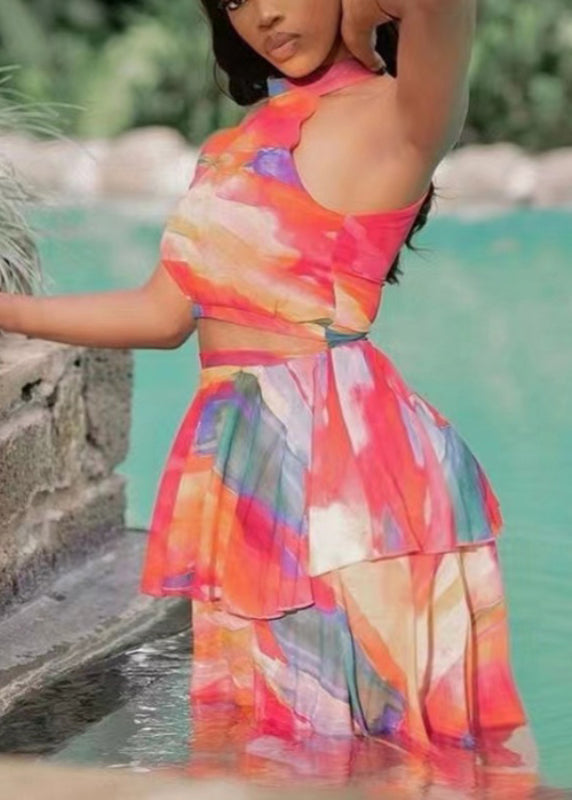 Style Red O-neck Print Cold Shoulder Long Dress Summer