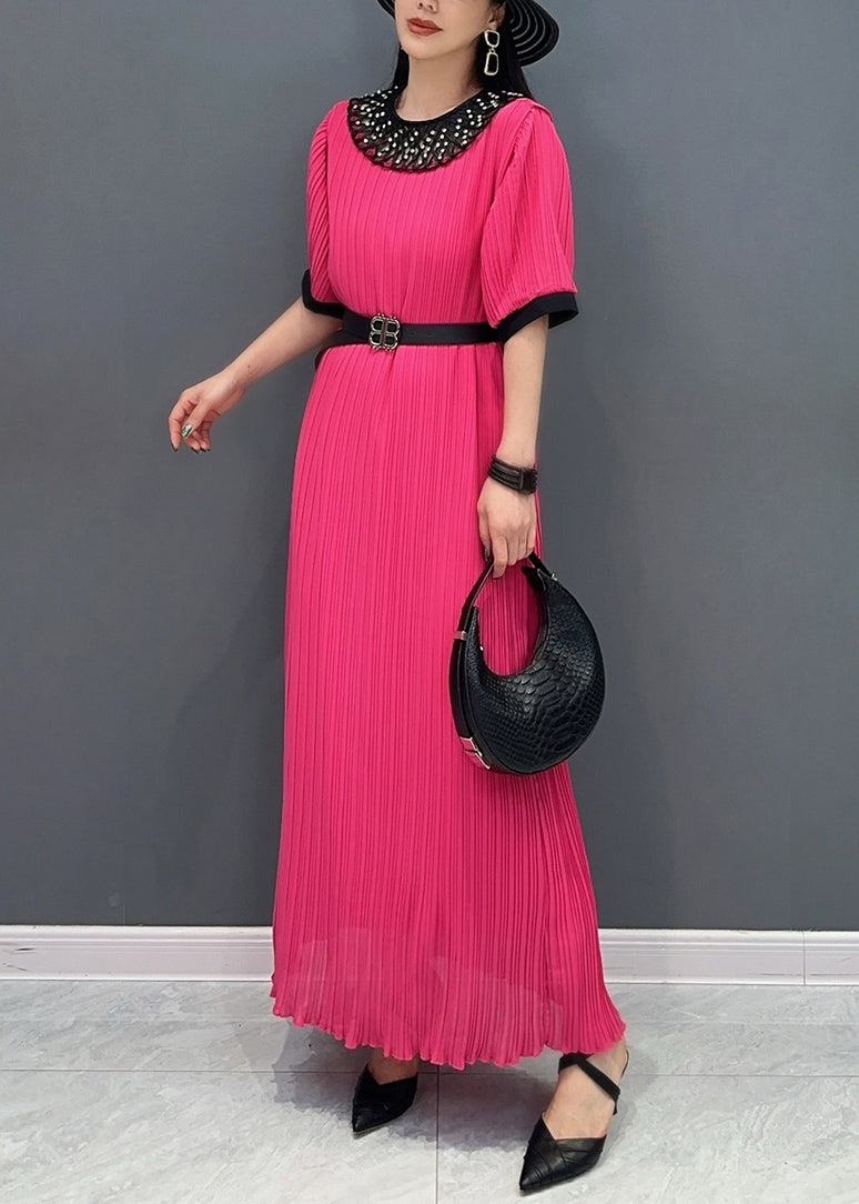 Style Red O-neck Wrinkled Long Dress Short Sleeve