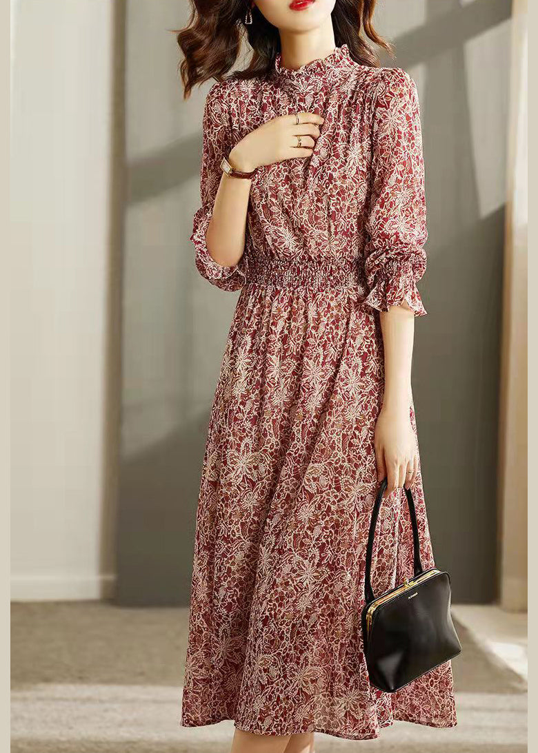 Style Red Stand Collar Elastic Waist Print Silk Long Dresses Flare Sleeve