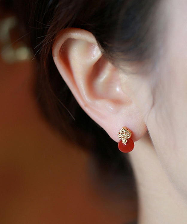 Style Red Sterling Silver Overgild Agate Stud Earrings Df1015