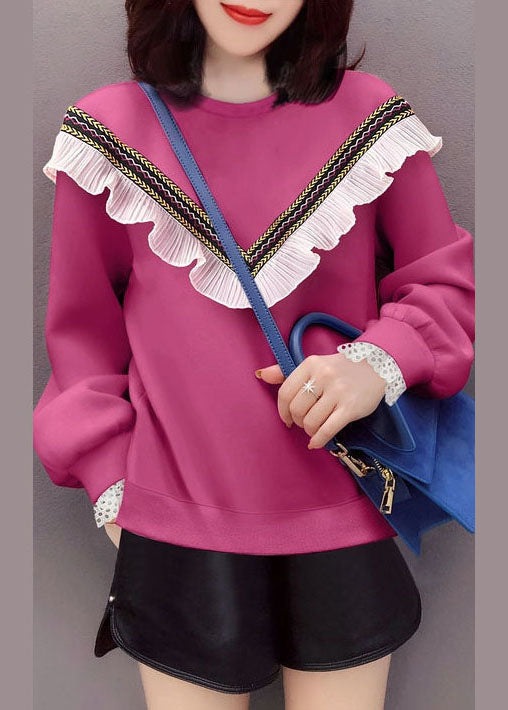 Style Rose O-neck Ruffled Fall Loose Sweatshirts Top