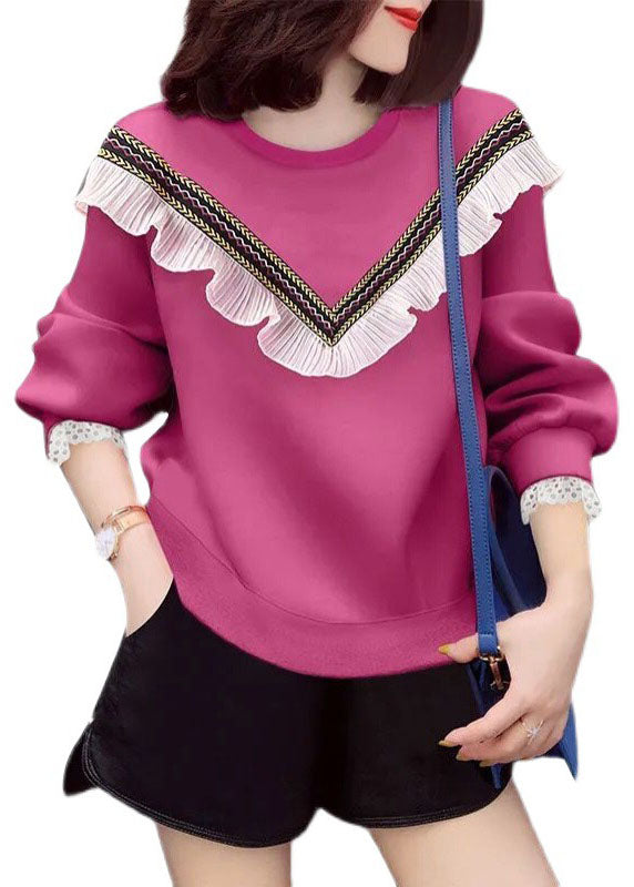 Style Rose O-neck Ruffled Fall Loose Sweatshirts Top