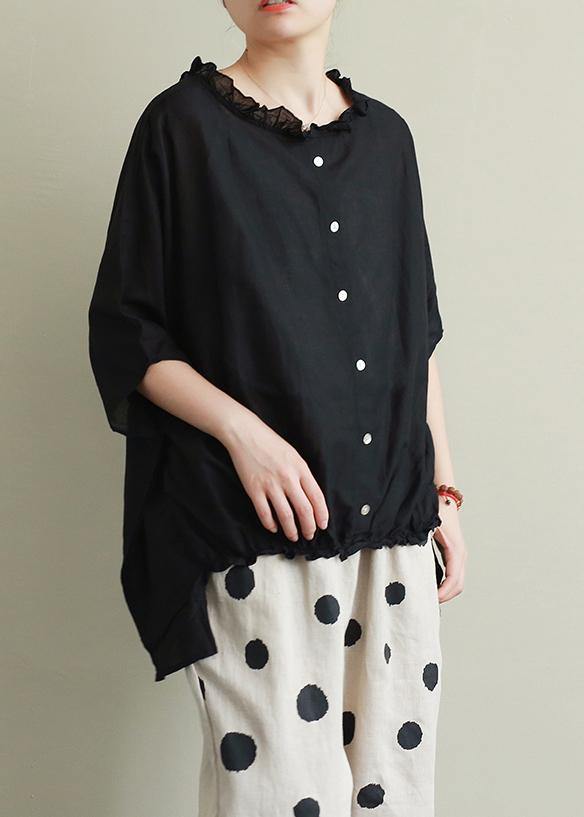 Style Ruffled Cotton Summer Top Outfits Black Blouses
