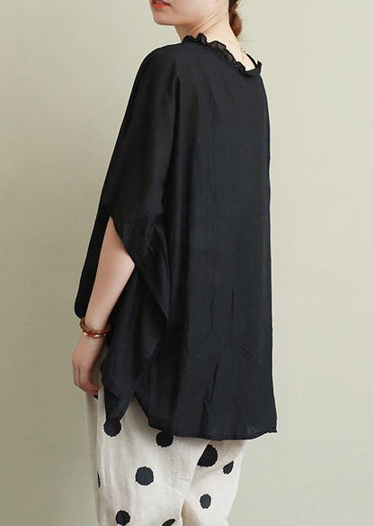 Style Ruffled Cotton Summer Top Outfits Black Blouses
