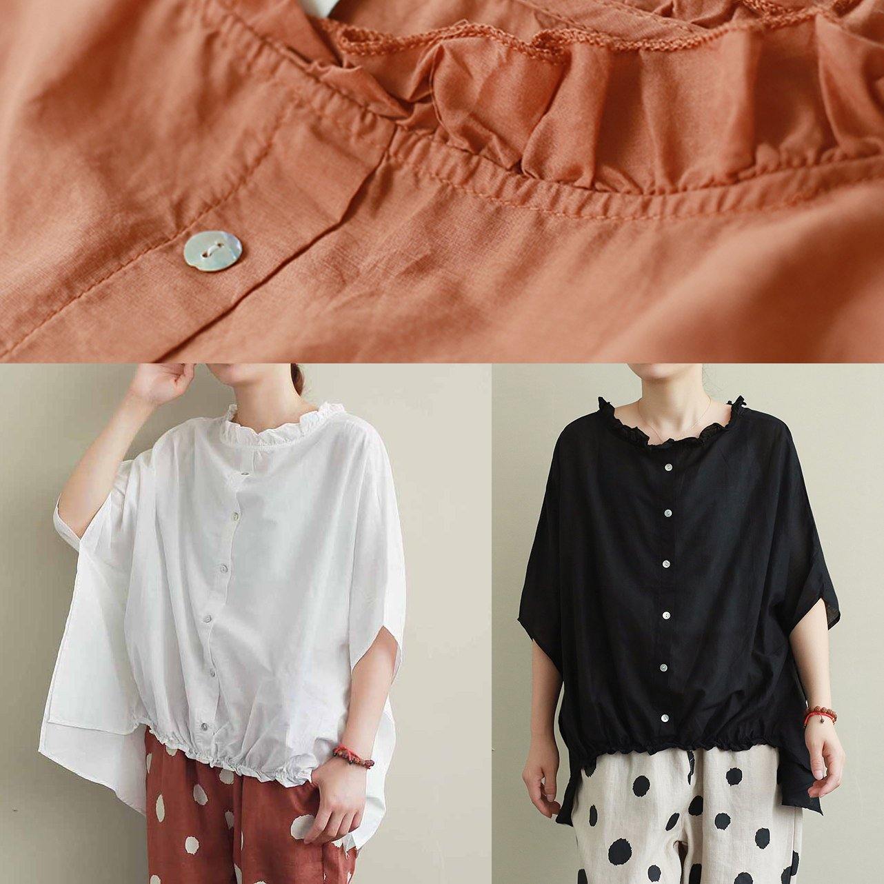 Style Ruffled Cotton Summer Top Outfits Black Blouses