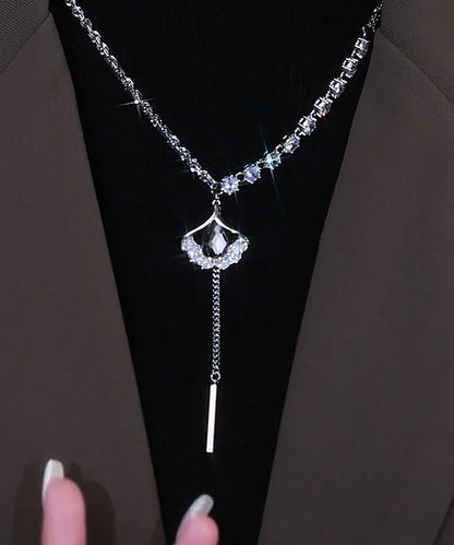 Style Silk Sterling Silver Zircon Ginkgo Leaf Tassel Lariat Necklace Gh1004