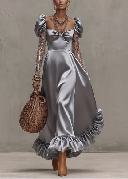 Style Silvery Puff Sleeve Patchwork Tulle Exra Large Hem Party Dress