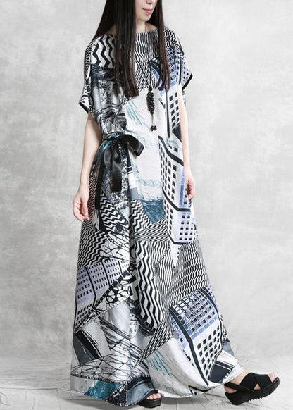 Style Slash Neck Asymmetric Summer Dress Catwalk Gray Print Dress