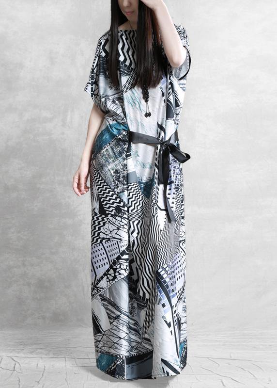 Style Slash Neck Asymmetric Summer Dress Catwalk Gray Print Dress