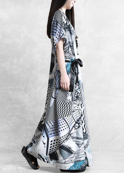 Style Slash Neck Asymmetric Summer Dress Catwalk Gray Print Dress