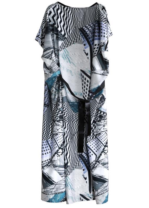 Style Slash Neck Asymmetric Summer Dress Catwalk Gray Print Dress