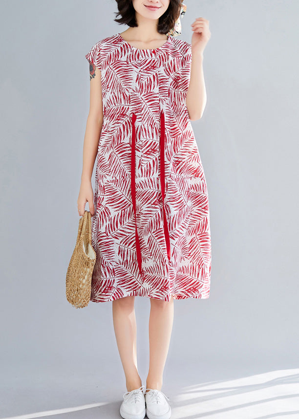 Style Sleeveless Cotton Clothes Sewing Red Print Daily Dresses Summer