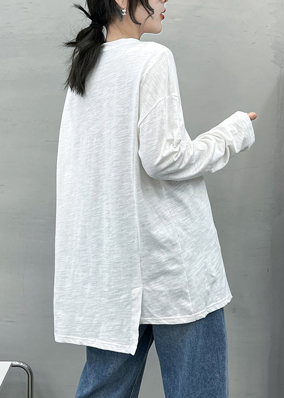 Style White O-neck Asymmetrical Design Cotton Top Long Sleeve