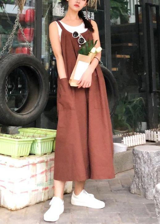 Style Spaghetti Strap Jumpsuit Pants Cotton Linen Quilting Clothes Fabrics Chocolate Pants