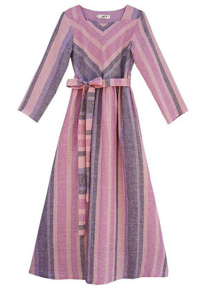 Style Square Collar Tie Waist Spring Tunics Neckline Striped Dress