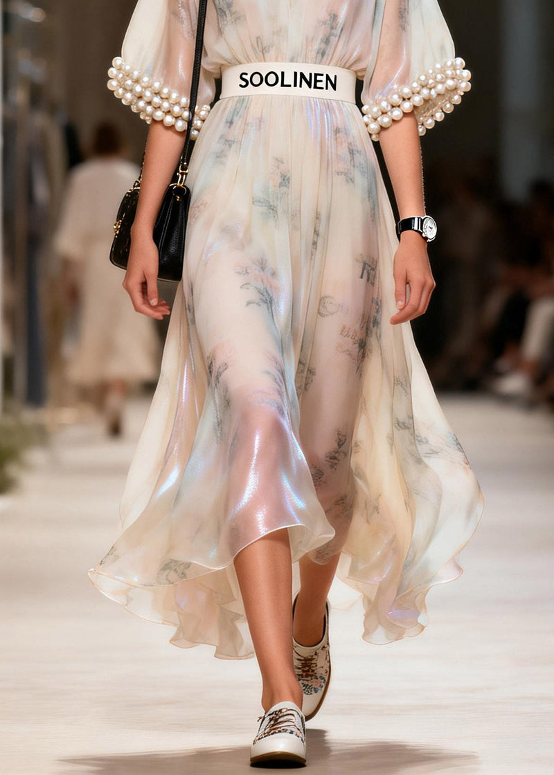 Style V Neck Nail Bead Tunic Silk Long Dresses Summer
