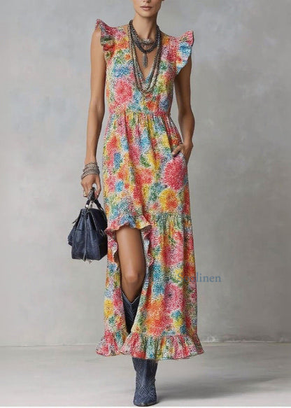 Style V Neck Ruffled Print Cotton Long Dresses Summer