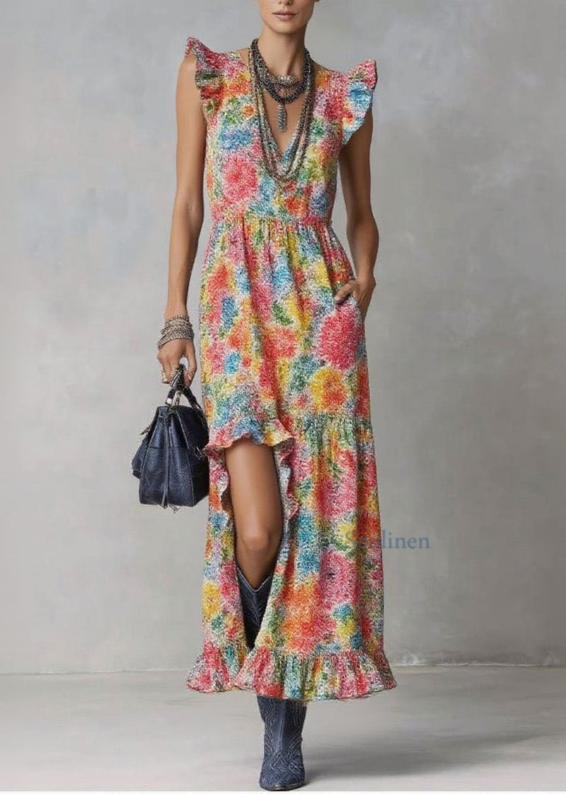 Style V Neck Ruffled Print Cotton Long Dresses Summer