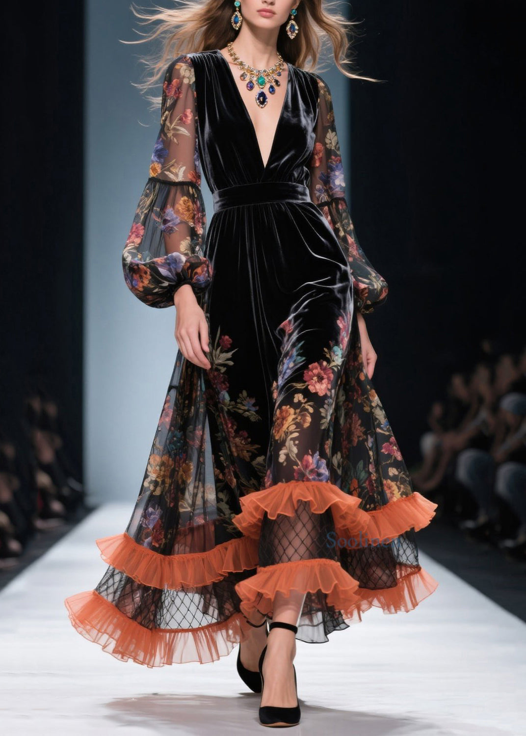 Style V Neck Ruffled Print Patchwork Velvet Dresses Spring